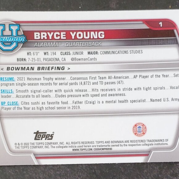 Bryce Young  2022 Bowman Chrome U #1 Silver Refractor RC Alabama Rookie - Picture 3 of 3